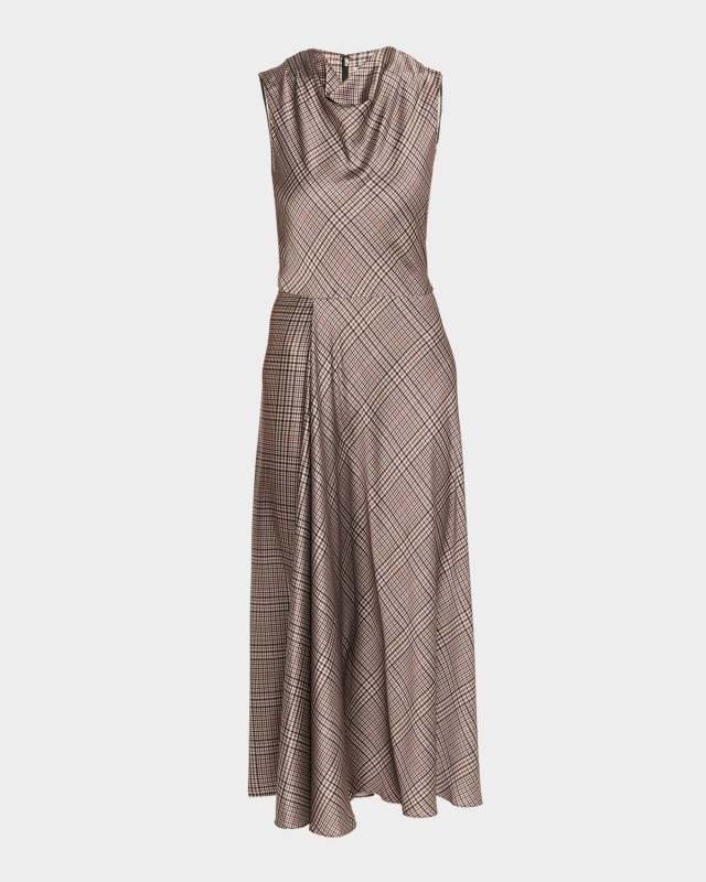 Pressed Plaid Cowl-Neck Dress